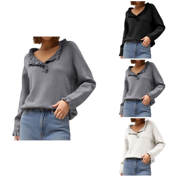 Autumn And Winter Women's Knitting New Casual Long Sleeve Button Ruffle Pullover Sweater