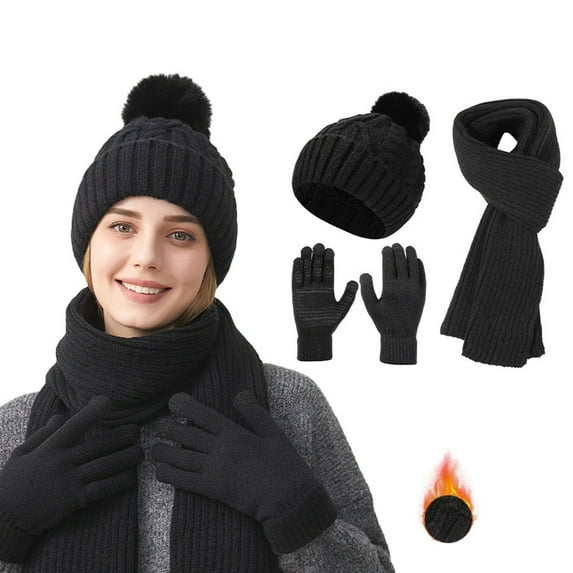 Autumn And Winter Woolen Hats Scarves Gloves Three Piece Warm Double Pile Knitted Women's Knitted Hats