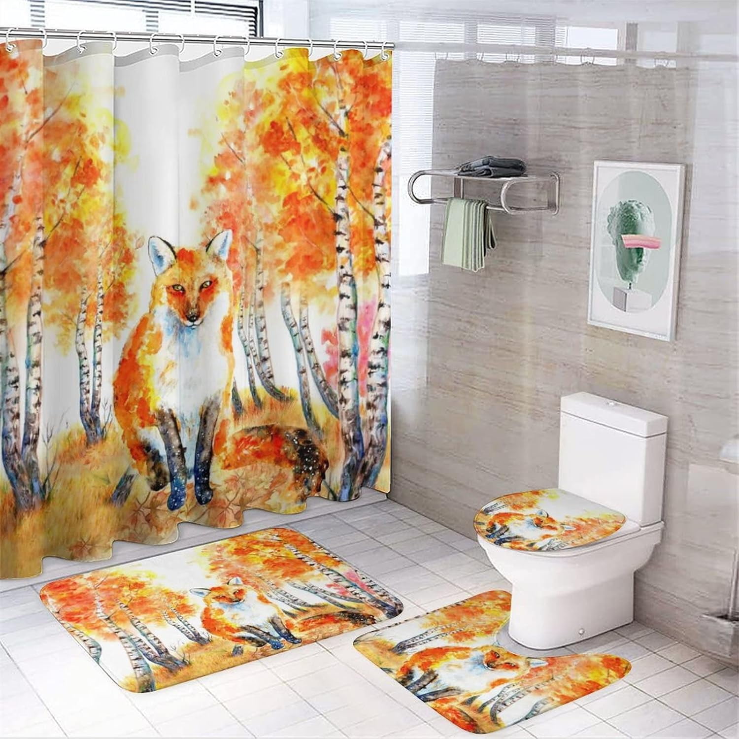Autumn Animal Theme Shower Curtain Sets with Rugs 4 Piece Accessories Bathroom Curtains Shower ...