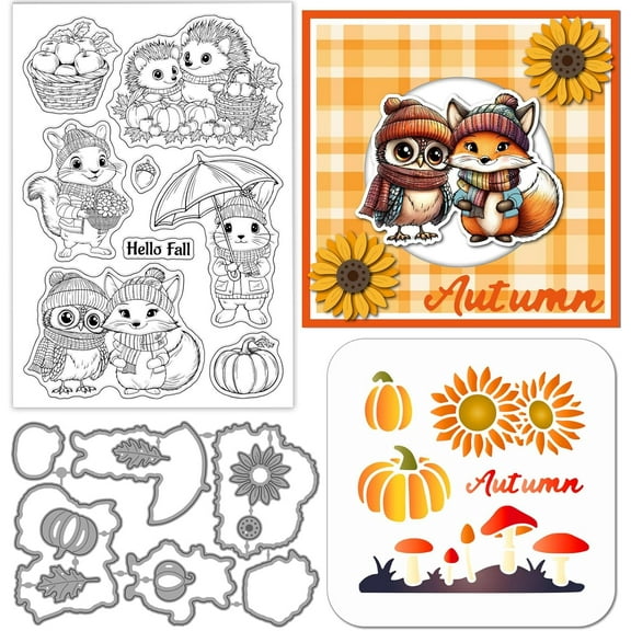 Autumn Animals Squirrel Clear Silicone Stamp Thanksgiving Hedgehog Rabbit Cutting Die Cuts Fall Owl Fox Paint Craft Stencils for Card Making Scrapbooking Craft DIY Embossing for DIY