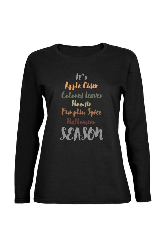 Autumn Apple Pumpkin Leaves Hoodie Season Ladies' Relaxed Jersey Long-Sleeve Tee Black MD