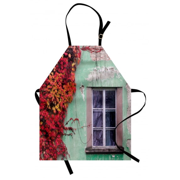 Autumn Apron Fall Ivy on Old House Walls Left Countryside Mansion Vintage Architecture Design, Unisex Kitchen Bib Apron with Adjustable Neck for Cooking Baking Gardening, Red Mint Green, by Ambesonne