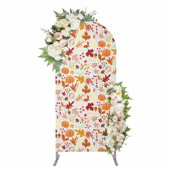 Autumn, Arch Backdrop Cover 4FT, Fall Pumpkins Maple Leaves Cartoon Art Decor Spandex Fitted Stretchy Arch Stand Covers, Round Top Chiara Backdrop Cover for Wedding Party Birthday Baby Shower