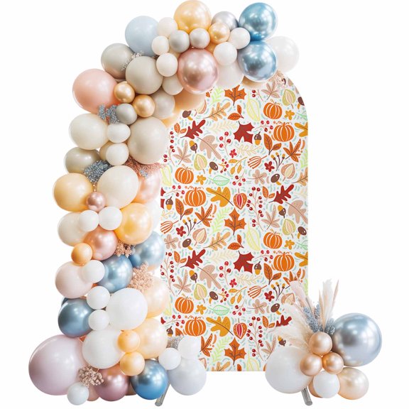 Autumn Arch Backdrop Cover 4x1.65 Ft, Spandex Wedding Arch Stand Cover, Fall Pumpkins Maple Leaves Cartoon Art Decor Round Top Stretch Fitted Background Covers for Birthday Ceremony Party Decor