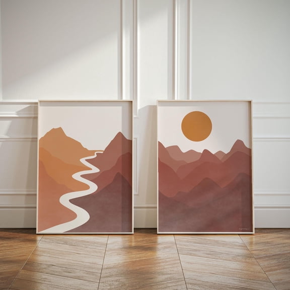 Autumn Art Prints River Sun Mountain Landscape Posters Fall Home Decor Abstract Nature Decoration Diptych Set 2