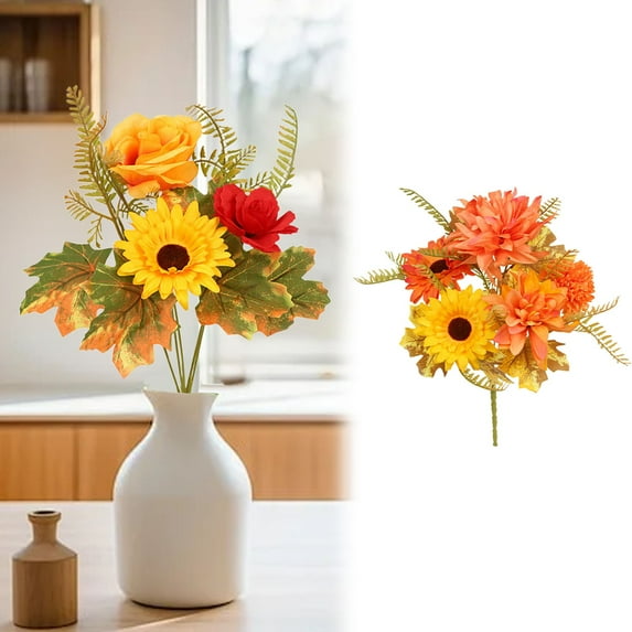 Autumn Artificial Flower Bouquet,Roses and Pumpkins Realistic Fall Arrangement for Home Table Centerpiece or Seasonal Wedding Decor, Fall Decoration, Artificial Flower Arrangement,C7,1PC