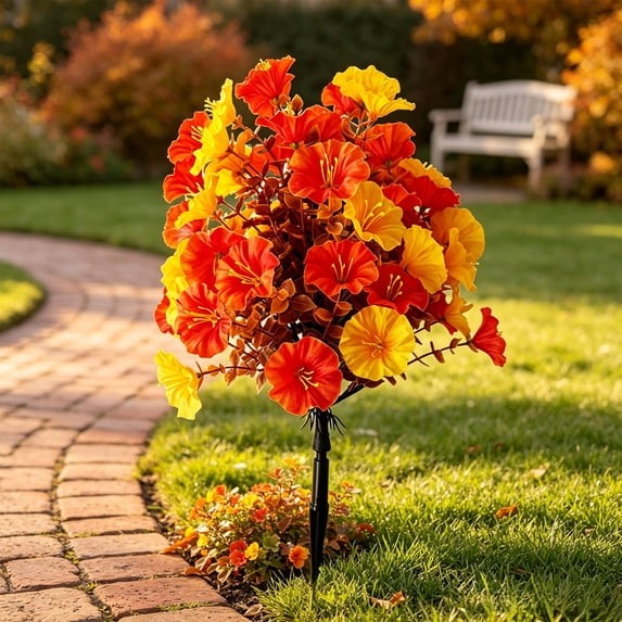 Autumn Artificial Flower with Ground Stake,16 Inch Fall Warm Tone Floral Pick, Weather Resistant Fake Plant Ornament for Yard Patio Garden Thanksgiving Decor