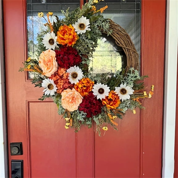 Autumn Artificial Flower Wreath,12" Sunflower Wreath for Front Door,Fake Flower Wreath Door Wreaths Wall Decor,All Season Front Door Wreath, Artificial Floral Wreath,Door Decor,Orange,1PC