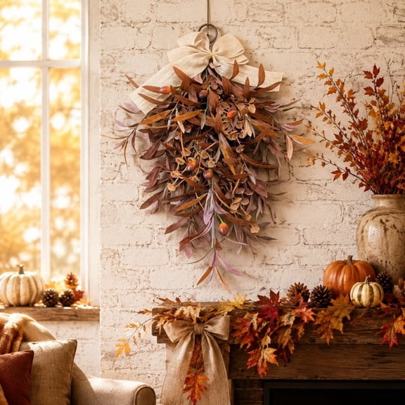 Autumn Artificial Olive Upside Down Hanging Wreath, Realistic Faux Greenery Farmhouse Ornament, Rustic Fall Decor for Home Outdoor Front Door Porch Wall Indoor Seasonal Decor, Brown-B