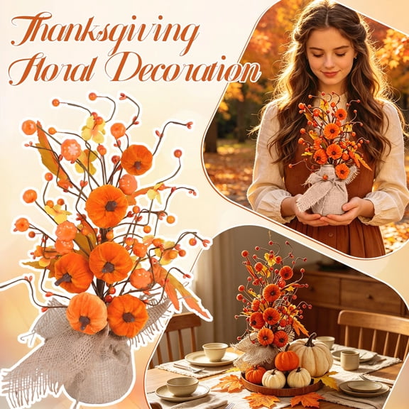 Autumn Artificial Pumpkin Tree Faux Maple Leaf Berry Arrangement Desktop Centerpiece Thanksgiving Holiday Floral Ornament For Home Living Room Table Decor , Orange