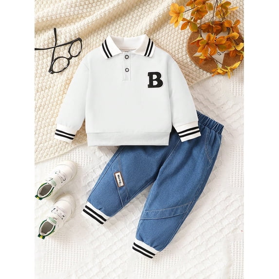 Autumn Baby Boy'S Two-Piece Set Featuring Turn-Down Collar Polo Shirt And Jeans