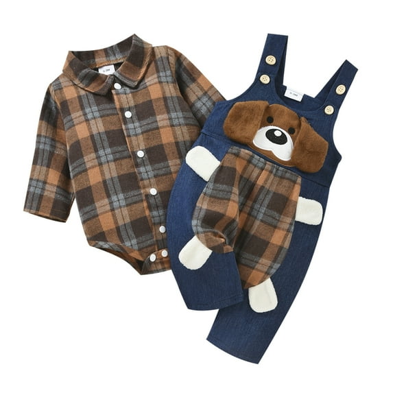 Autumn Baby Boys Gentleman Clothes Sets 3M 6M 9M 12M 18M Plaid Printed Shirts Romper+Cartoon Bear Overalls Pants