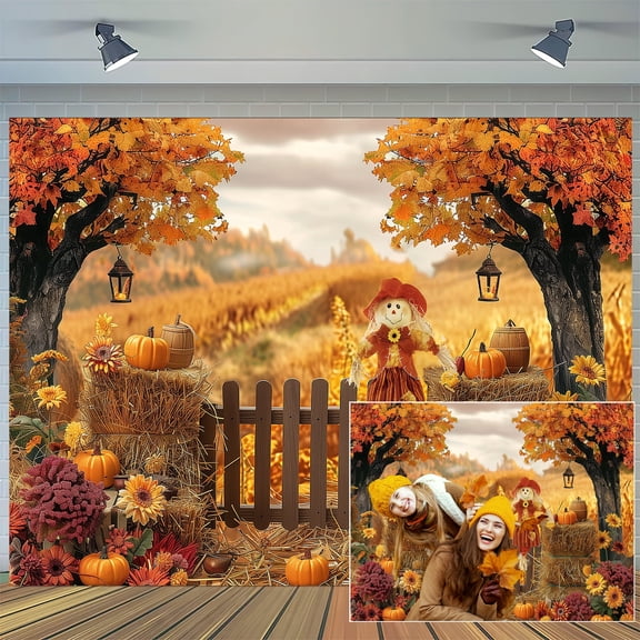 Autumn Background 10 x 8 ft, Fall Thanksgiving Day Maple Leaf Photography Backdrop, Harvest Scene Holiday Halloween Pumpkin Party Banner for Birthday Baby Showe Wedding Photo Shoot Decoration