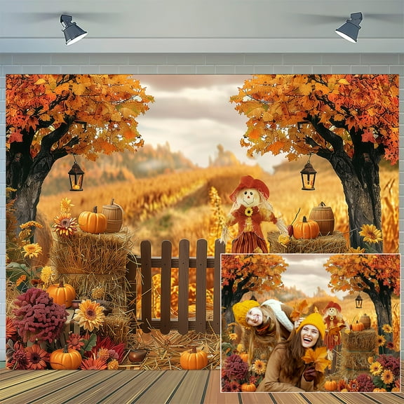 Autumn Background 5 x 3 ft, Fall Thanksgiving Day Maple Leaf Photography Backdrop, Harvest Scene Holiday Halloween Pumpkin Party Banner for Birthday Baby Showe Wedding Photo Shoot Decoration