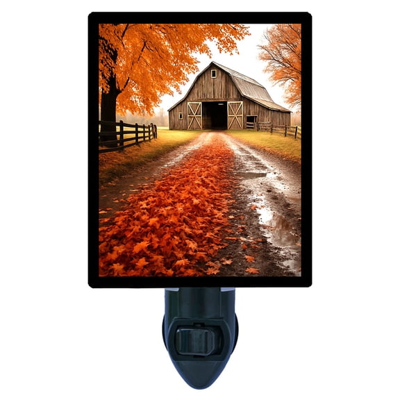 Autumn Barn Road Night Light Rustic Country Lane with Falling Leaves and Weathered Wood Barn, Cozy Fall Farmhouse Scene Includes Free Switchable Insert