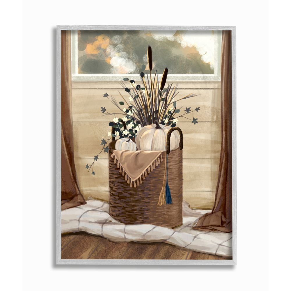 Autumn Basket Seasonal Home Painting Gray Farmhouse Rustic Framed Giclee Texturized Art by Ziwei Li