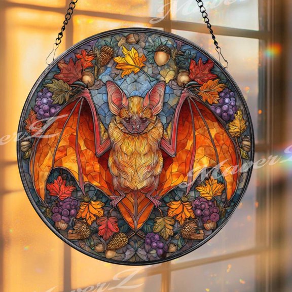 Autumn Bat Stained Glass Suncatcher, Round Window Panel with Fall Leaves, Acorns and Grapes, Halloween Wildlife Glass Art Decor