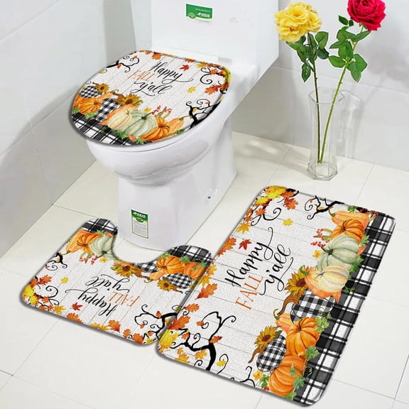 Autumn Bath Mat Set Farm Pumpkins Maple Leaves Sunflowers Fall Scenery Thanksgiving Bathroom Decor Non-slip Rug Toilet Lid Cover
