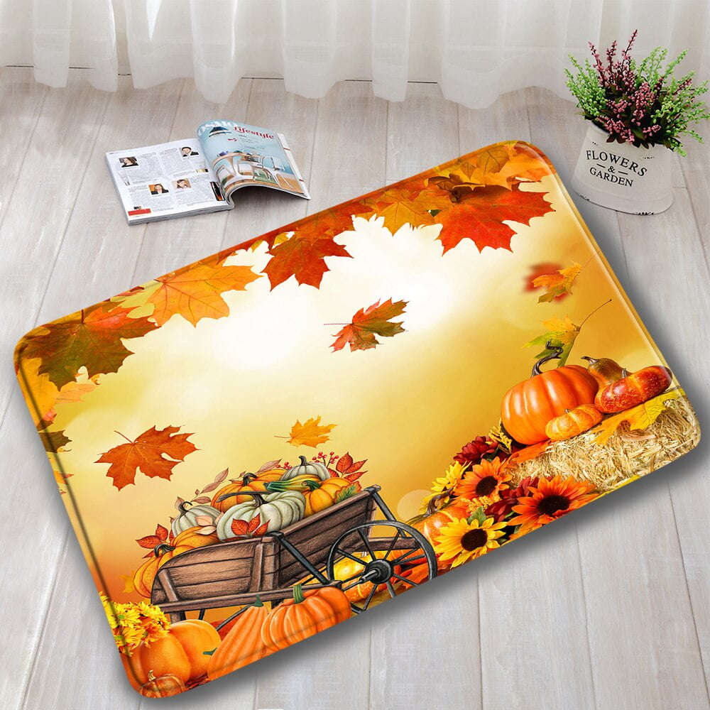 Autumn Bath Mat Set Farm Pumpkins Maple Leaves Sunflowers Fall Scenery