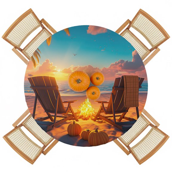 Autumn Beach Campfire Pumpkin Round Fitted Tablecloth with Elastic Edge,Waterproof Table Cloth Fits 36"-44" Tables,Wipeable Table Cover for Indoor Outdoor Dinning Party,Fall Sunset Seaside Theme
