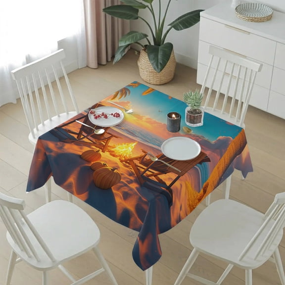 Autumn Beach Campfire Pumpkin Table Cloth 54x54in, Waterproof Square Tablecloth Wipeable Tablecloths Fall Sunset Seaside Theme Table Covers for Dining Tables Party Indoor Outdoor