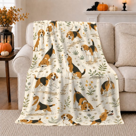 Autumn Beagle Dog Garden, Playful Pet Portrait Pattern, Warm Flannel Blanket for Living Room and Bedroom with Detailed Artwork, Dog Lovers Thanksgiving Gift, Pet Lover Home Decor
