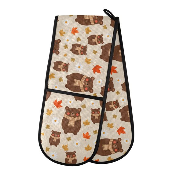 Autumn Bear Pattern Double Oven Mitt 200C Quilted Cotton Lined Kitchen Pot Holder 35x7in