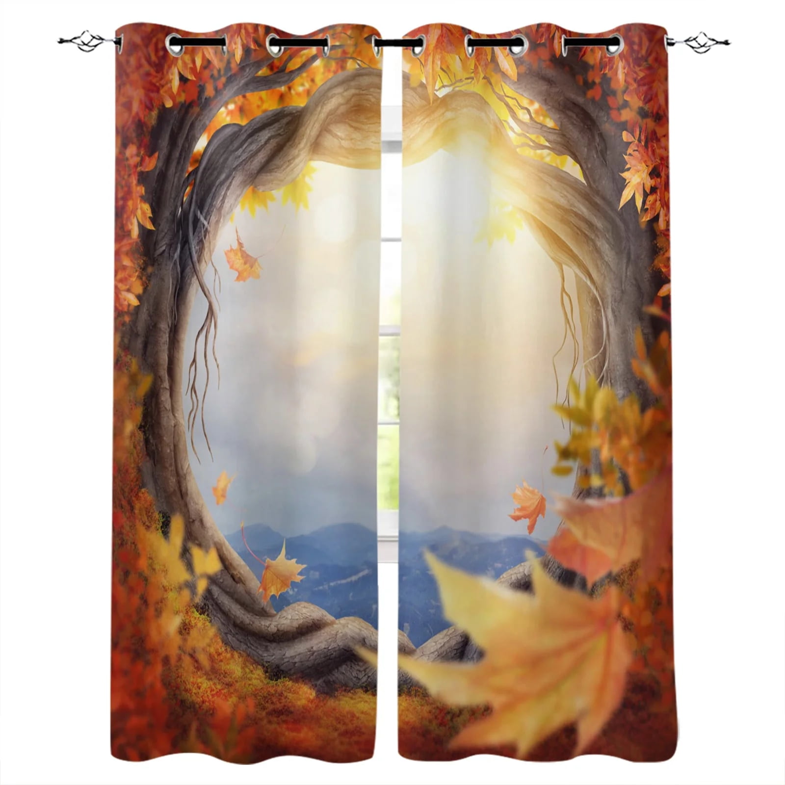 Autumn Beauty Leaves Yellow Sunshine Window Curtains For Living Room