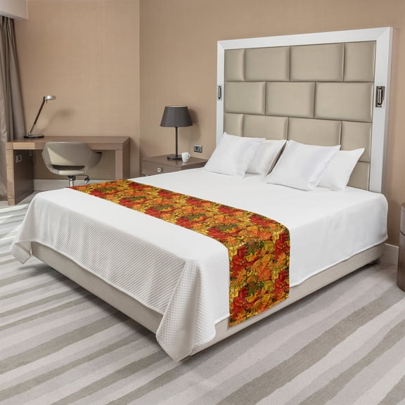 Autumn Bed Runner, Abstract Doodle of Fallen Leaves Earthy Warm Tones Printed Illustration, Decorative Accent Bedding Scarf for Hotels Homes and Guestrooms, Queen, Apricot and Coffee, by Ambesonne