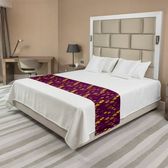 Autumn Bed Runner, Composition of Nature Warm Tones Cozy Abstract Autumn Leaves Illustration, Decorative Accent Bedding Scarf for Hotels Homes and Guestrooms, King, Plum and Earth Yellow, by Ambesonne