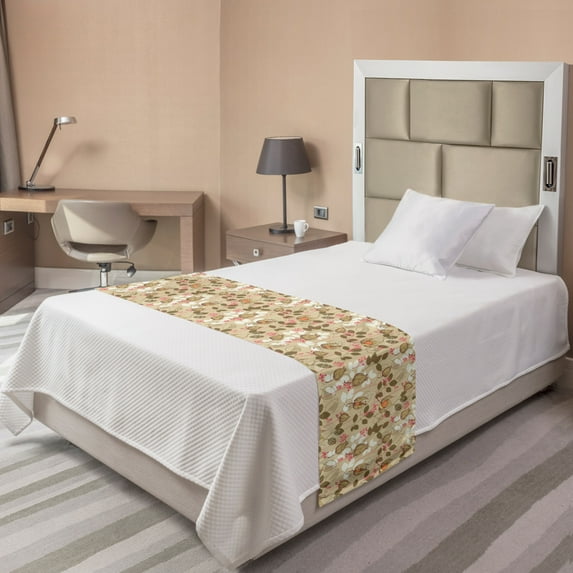 Autumn Bed Runner, Seasonal Fruits and Leafs Vintage Botanical Print Soft Brown Toned Backdrop, Decorative Accent Bedding Scarf for Hotels Homes and Guestrooms, Twin, Sepia Multicolor, by Ambesonne