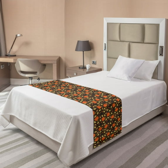 Autumn Bed Runner, Seasonal Halloween Pumpkin Fallen Yellow Leaves Printed Illustration, Decorative Accent Bedding Scarf for Hotels Homes and Guestrooms, Twin, Taupe and Burnt Sienna, by Ambesonne