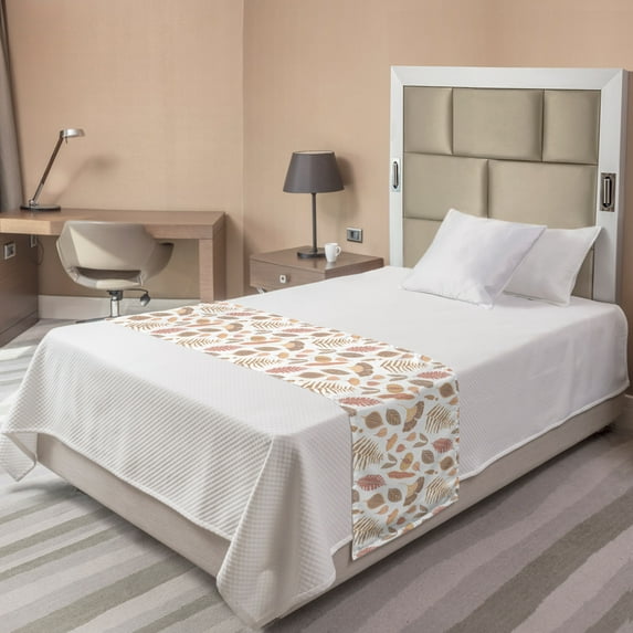 Autumn Bed Runner, Seasonal Ornaments Fall Colorful Leaves Calm Tones Illustration Print, Decorative Accent Bedding Scarf for Hotels Homes and Guestrooms, Twin, Warm Taupe and Pale Peach, by Ambesonne
