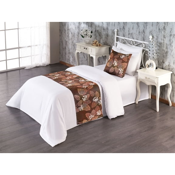 Autumn Bed Runner Set, Fall Season Inspirations with Leaves and Tiny White Flowers Repetition, Decorative Bedding Scarf & a Pillow Sham for Hotels Homes, Twin, Redwood and Pale Maroon, by Ambesonne
