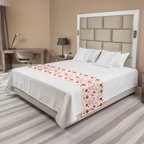 Autumn Bed Runner, Vivid Colors Leaves Acorn Rowan Berries Art on Plain Background, Decorative Accent Bedding Scarf for Hotels Homes and Guestrooms, Queen, Vermilion Mustard and White, by Ambesonne