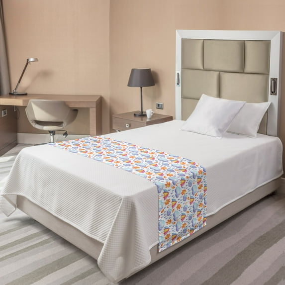 Autumn Bed Runner, Watercolor Look Rain Umbrella Clouds Pastel Colorful Arrangement, Decorative Accent Bedding Scarf for Hotels Homes and Guestrooms, Twin, Pale Sky Blue Pale Pink, by Ambesonne