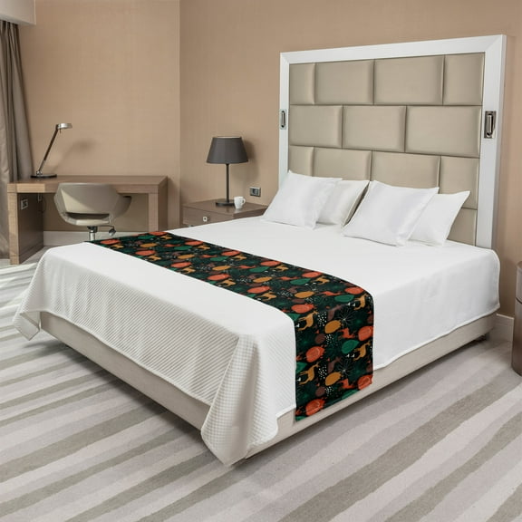 Autumn Bed Runner, Wild Forest Season Gazelle Deer Fall Colors Leaves Pattern Composition, Decorative Accent Bedding Scarf for Hotels Homes and Guestrooms, King, Amber and Jade Green, by Ambesonne