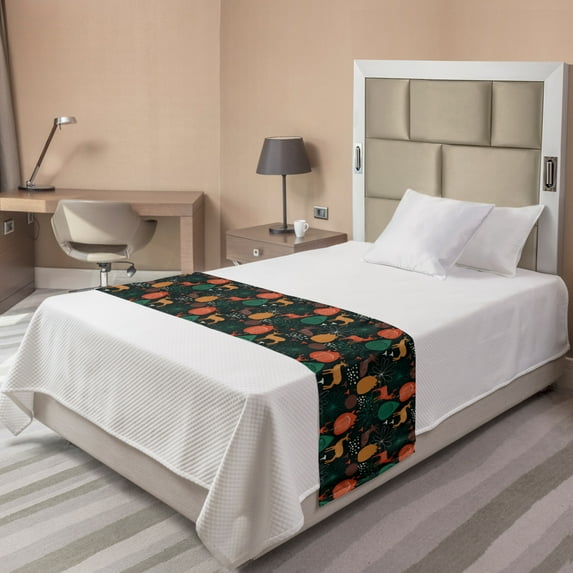 Autumn Bed Runner, Wild Forest Season Gazelle Deer Fall Colors Leaves Pattern Composition, Decorative Accent Bedding Scarf for Hotels Homes and Guestrooms, Twin, Amber and Jade Green, by Ambesonne