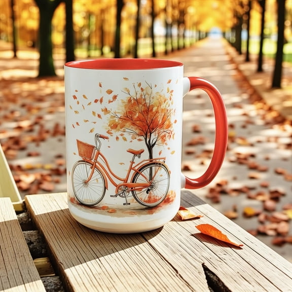 Autumn Bicycle Mug Fall Leaves Coffee Cup with Tree Watercolor Seasonal Design Tea Mug