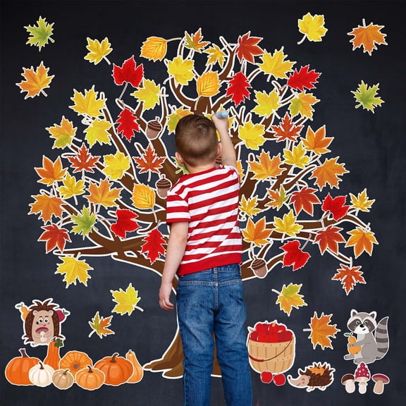 Autumn Big Tree Maple Leaf Chalkboard Wall Decoration Stickers 104pcs,Fall Harvest Theme for Home Party,Removable Self-Adhesive Paper Decals for Living Room,Perfect for Classroom or Cafe Decor