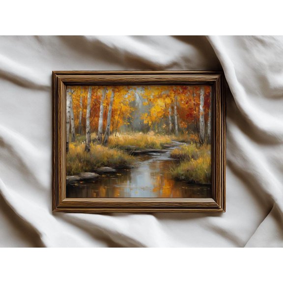 Autumn Birch Forest Golden Aspen Trees Landscape Fall Stream Rustic Nature Portrait Decor