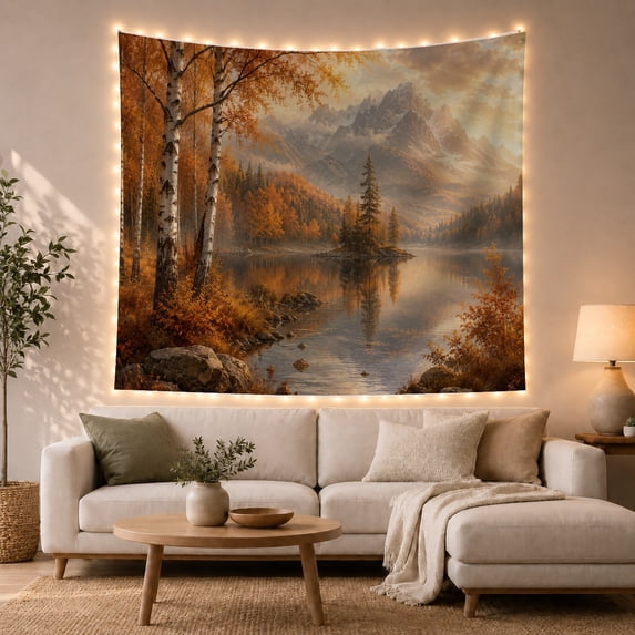 Autumn Birch Forest and Lake Landscape in Misty Mountains, Serene Watercolor for Nature Lovers, Scenic Wall Art Decor, Thanksgiving Gift, Tapestry Wall Hanging for Living Room and Bedroom