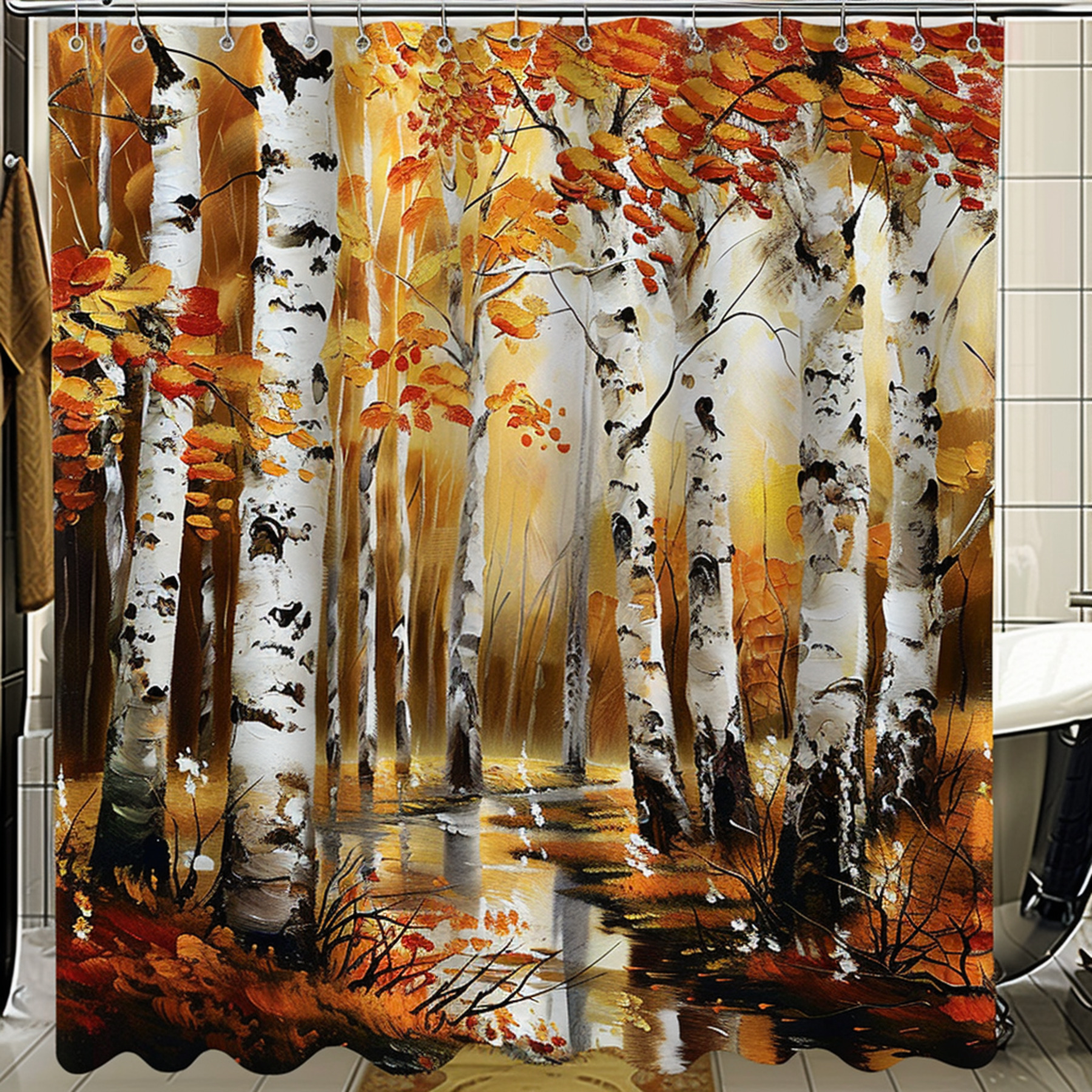 Autumn Birch Tree Forest Shower Curtain Hyper realistic oil painting on canvas fabric featuring