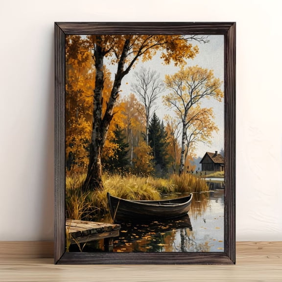 Autumn Birch Tree Lake Wooden Boat Cabin Rustic Fall Landscape Framed Wall Art, Solid Wood Frame Muted Countryside Nature Art Print, Cozy Farmhouse Wall Decor for Living Room Bedroom, 12x16in