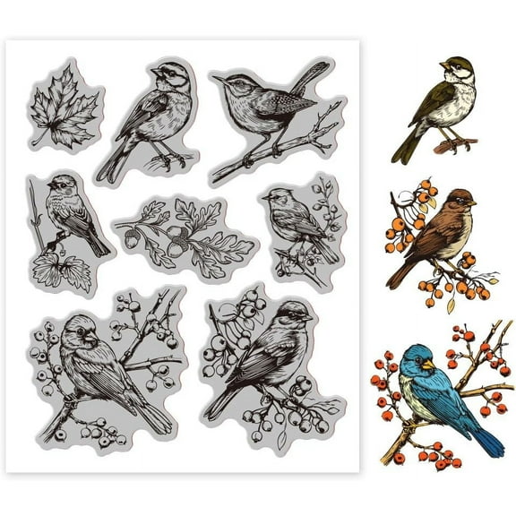 Autumn Bird Cling Rubber Stamp 7.09x8.66inch Maple Leaf EVA Stamps Embossing Stamp Seal Rubber Stamps for DIY Scrapbooking and Card Making Paper Craft Decor