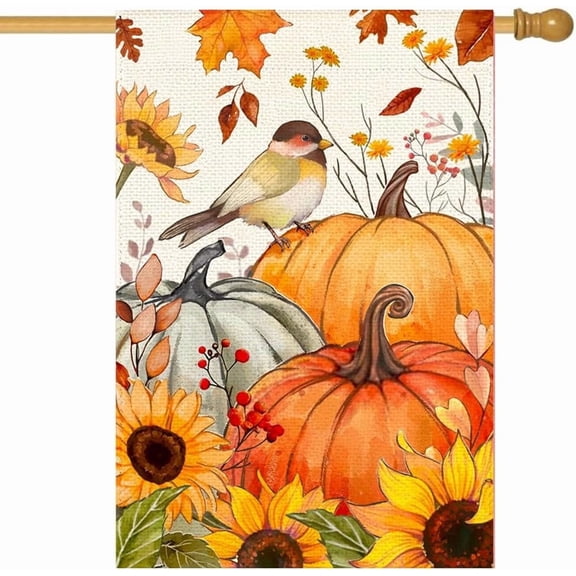 Autumn Bird Pumpkin Sunflower Garden Flag, Watercolor Fall Harvest Canvas Yard Decor, 28 x 40 in, Flag Only