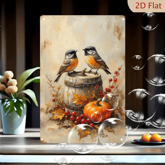 Autumn Birds on Barrel Wall Art, 8x12 Inches Vintage Rustic Oil Painting Style Metal Tin Sign with Pumpkin Maple Leaves and Red Berries for Farmhouse Kitchen Decor