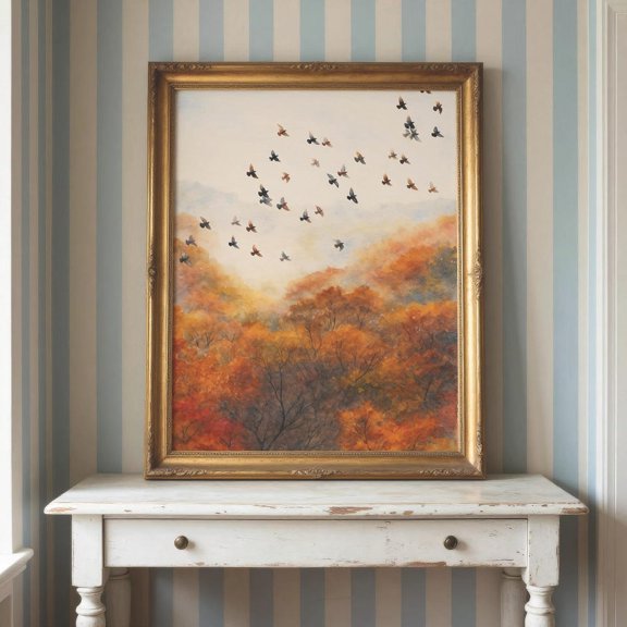 Autumn Birds Poster, Fall Flock Of Birds, Orange Brown Nature