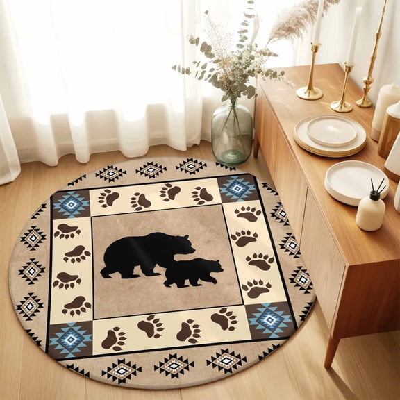 Autumn Black Bear Footprints Round Area Rug 3ft,Living Room Rug Non-Slip Washable Circle Rugs Pad,Geometric Boho Artwork Soft Floor Carpet for Bedroom Dining Room