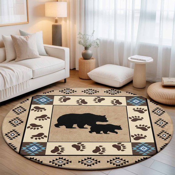 Autumn Black Bear Footprints Round Rug 5ft Geometric Boho Artwork Washable Area Rugs for Living Room Bedroom Entryway Non Slip Entrance Door Mat Indoor Floor Carpet